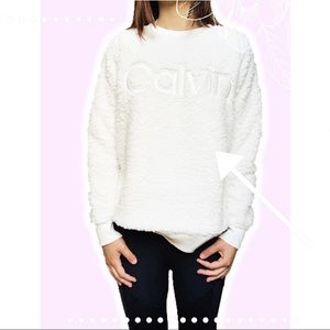 Calvin Klein white fuzzy teddy bear crewneck